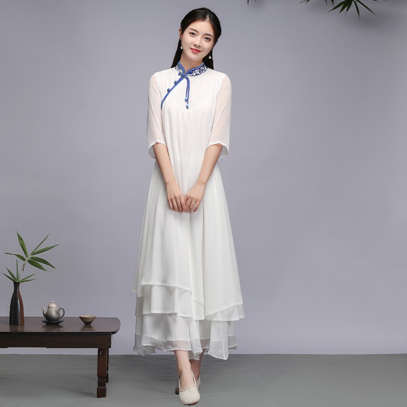 Women ethnic Clothing Hanfu Qipao Summer dress Chinese Style Vintage White Traditional Tang Suit Robe Oriental Clothes