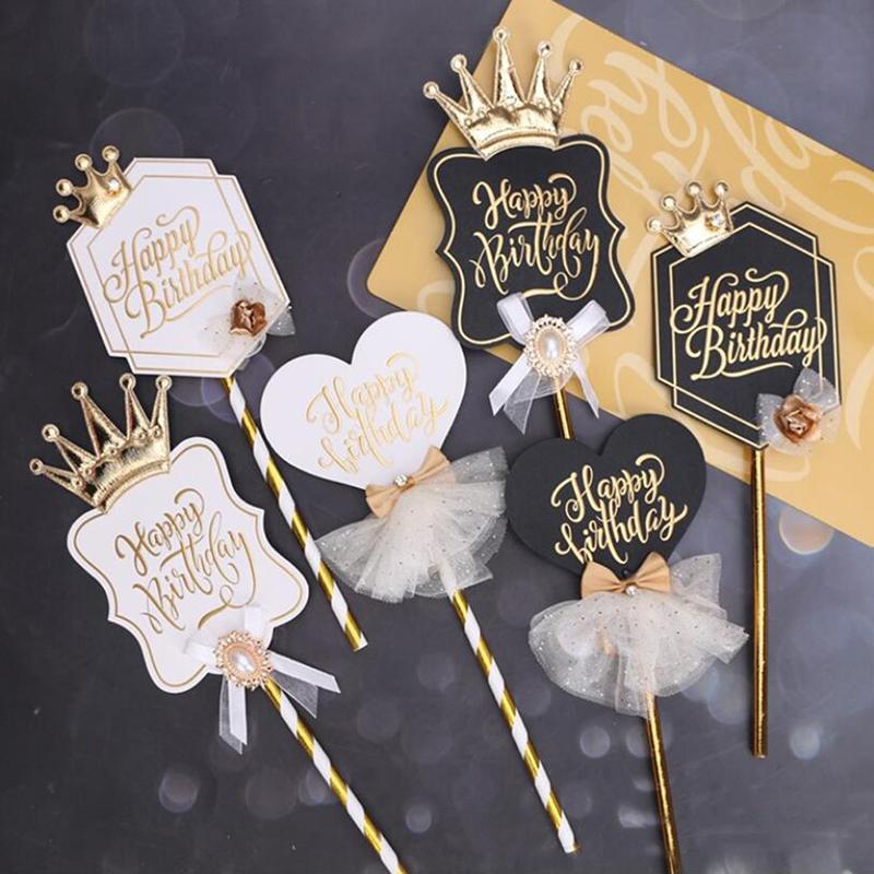 Festive Supplies Other & Party Princess Heart Crown Happy Birthday Cake Decor Wholesale 10Pieces Baking Cake Insertion Card Dessert Table Decoration