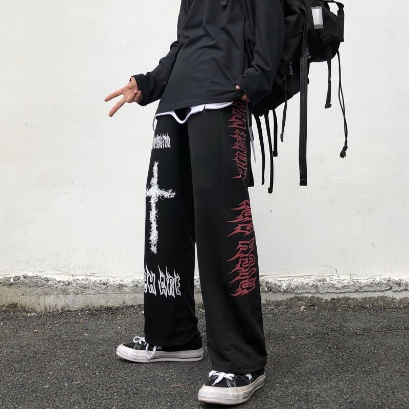 QWEEK Punk Hippie Wide Leg Pant Gothic Harajuku Streetwear Anime Street Style Mall Goth Black Print Trousers Hip Hop 220325