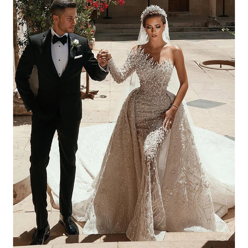 urious Ball Gown Wedding Dresses Strapless One Long Sleeve Bateau Sequins Appliques Detachable Train or Length Bridal Gowns Plus Size robes de soiree