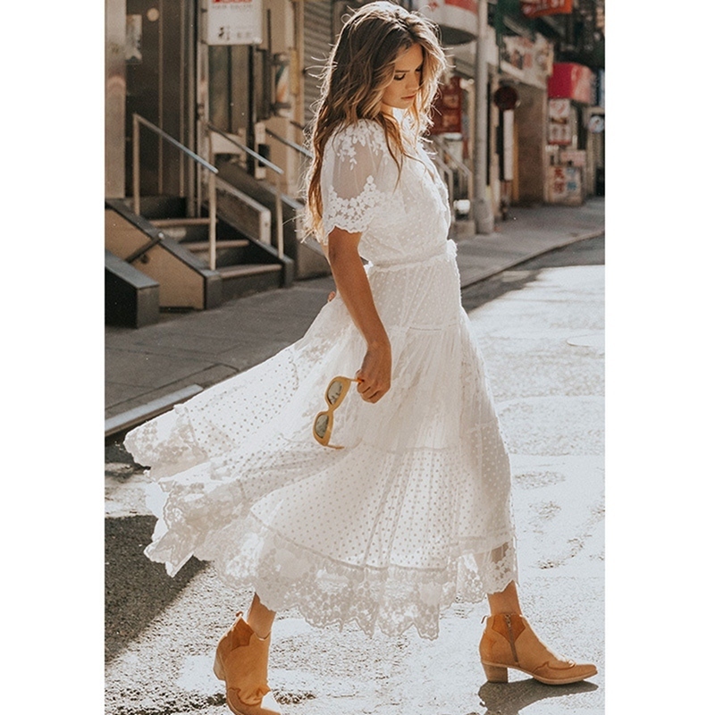 Hollow Out White Dress Sexy Women Long Lace Dress Cross SemiSheer Plunge VNeck Short Sleeve Lace Maxi Dress 220527