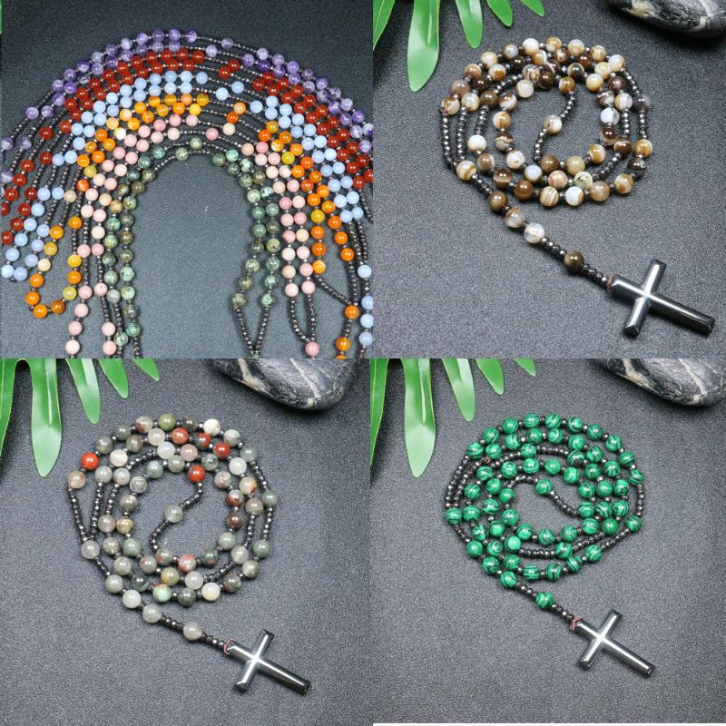Pendant Necklaces Natural Tiger Eye Beaded Necklace For Women Men Catholic Christ Rosary Hematite Cross Male JewelryPendant