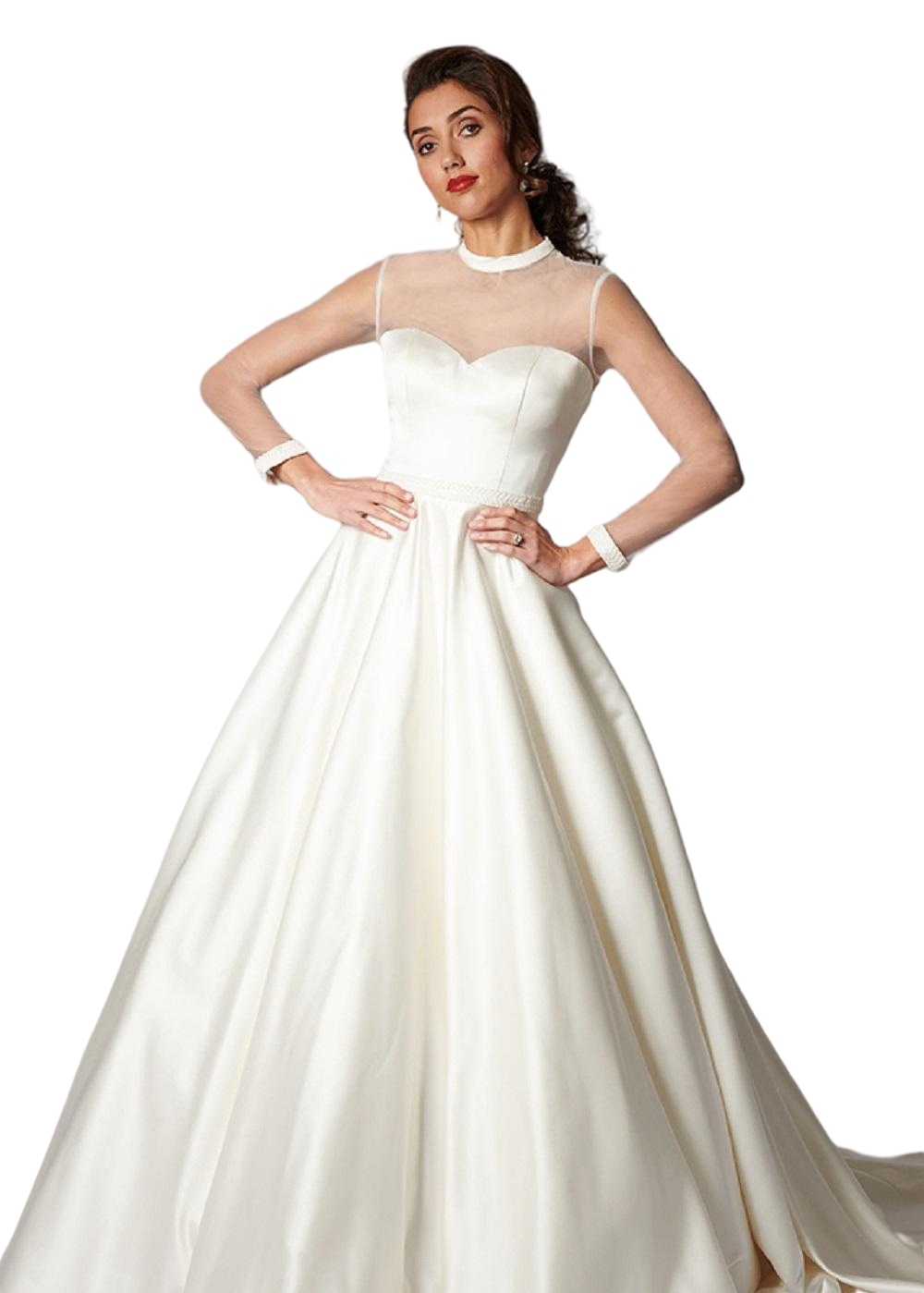 Covered Back beach princess Wedding Dresses Sheer Neck Long Sleeve Satin Plus Size Wedding Dress Sweep Train Robes De Mariee