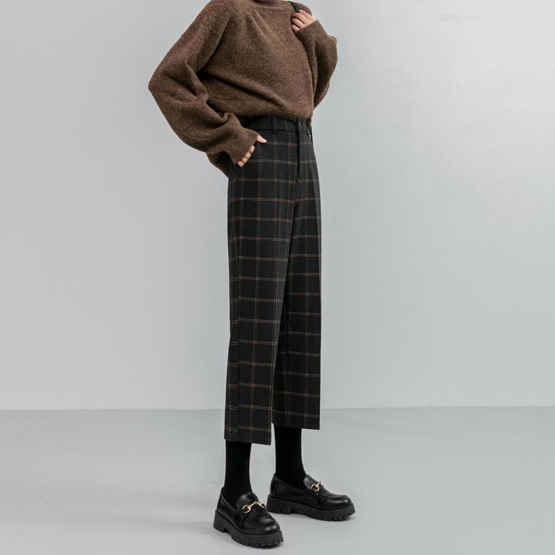 REALEFT Winter Vintage Plaid Woolen Pants Fashion High Waist Pockets Thicken Warm Ankle Length Casual Trousers Female 220325