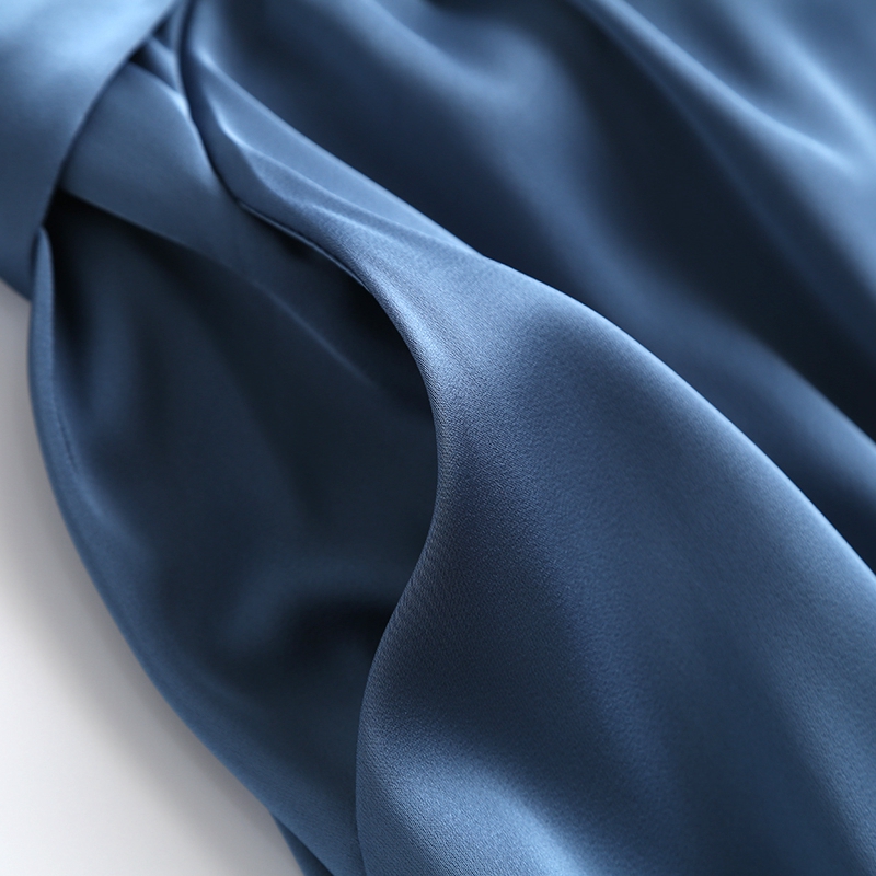 Blue Autumn Fashion Women Elegant Satin Dress Long Sleeve Office Ladies Midi Dress with Slash