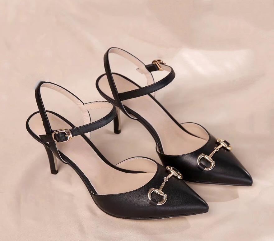 Classic Ladies Sandals Stiletto Heel Pointed Toe Ankle Strap Combination Buckle Front Strap Metal Chain Decorative Dress Casual Banquet Size 35-42