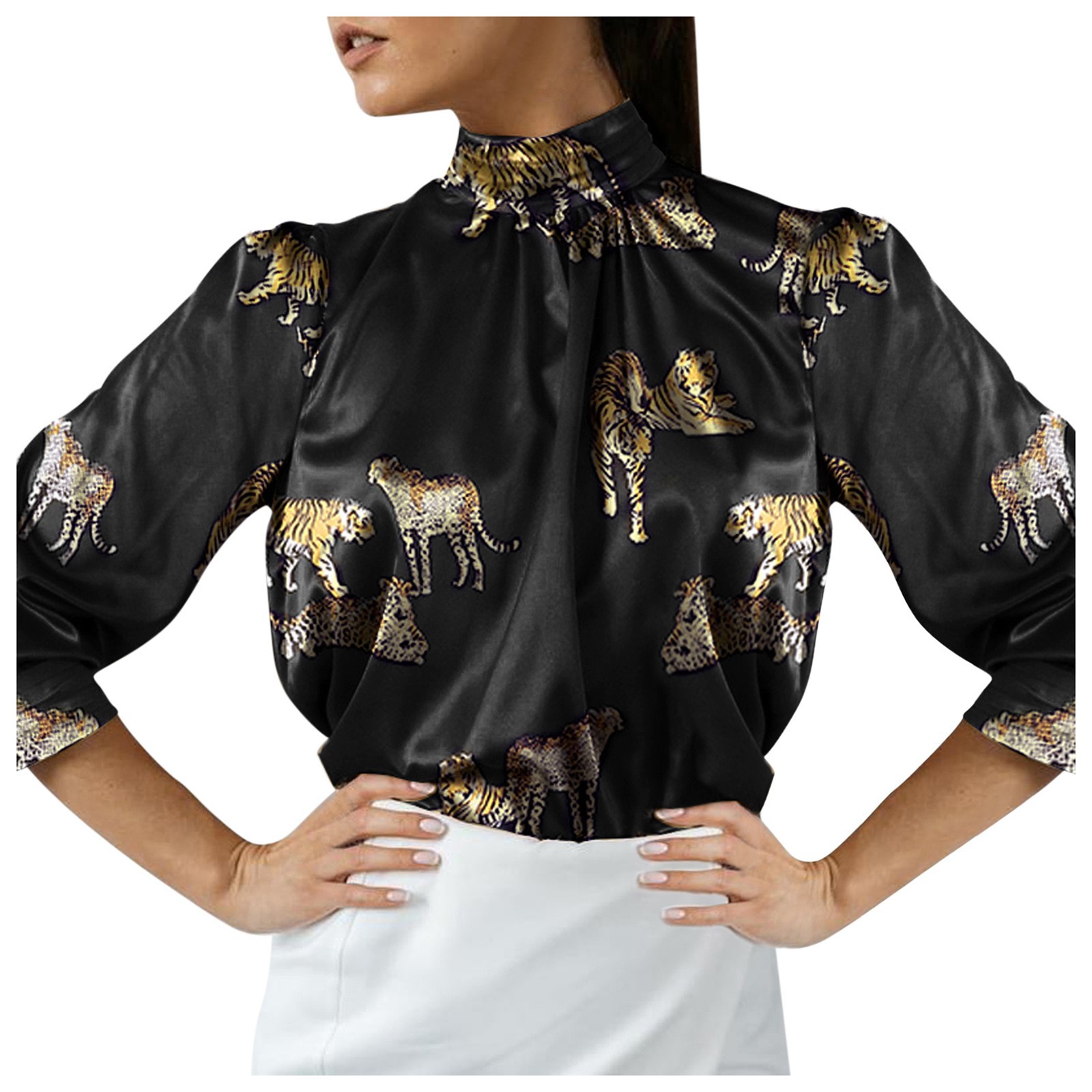 2022 Women Satin Elegant Blouses Tiger Print Long Sleeve Shirts Tunic Summer Stand Collar Party Top Casual Blusas Femininas