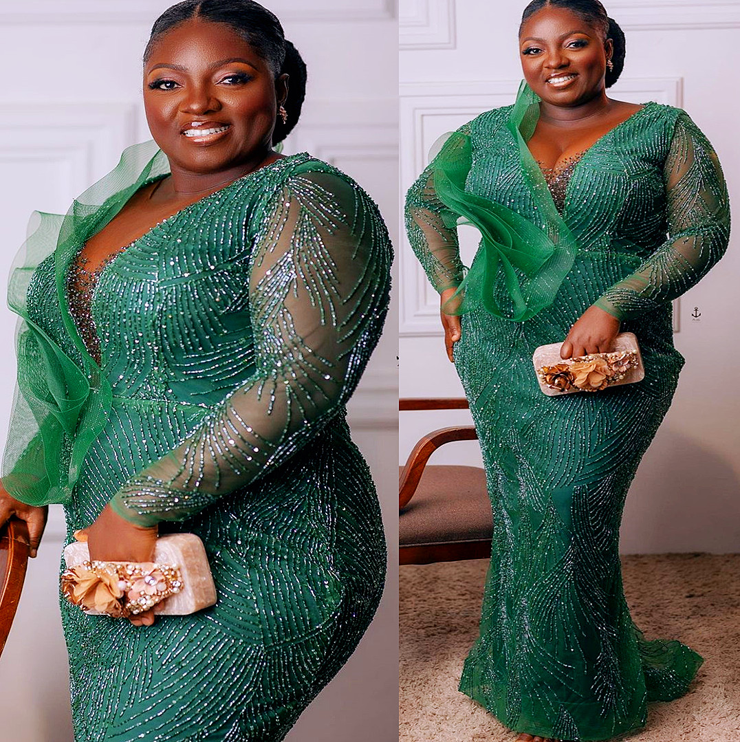 Plus Size Arabic Aso Ebi Green Mermaid Luxurious Prom Dresses Beaded Sheer Neck Evening Formal Party Second Reception Birthday Engagement Gowns Dress 