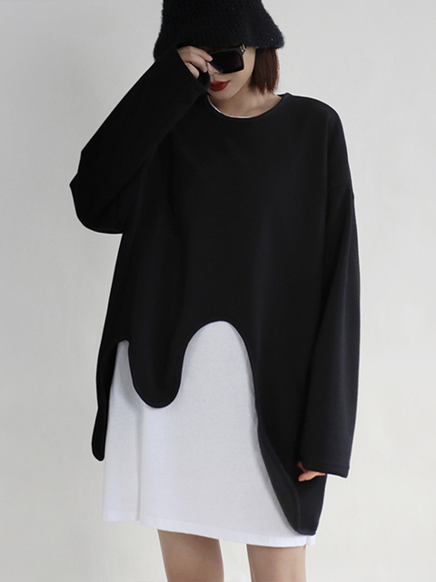 Women's Hoodies Sweatshirts EAM Loose Fit black irregular Sweatshirt Round Neck Long Sleeve Women Big Size Fashion Spring Autumn 2023 1DF0420 230