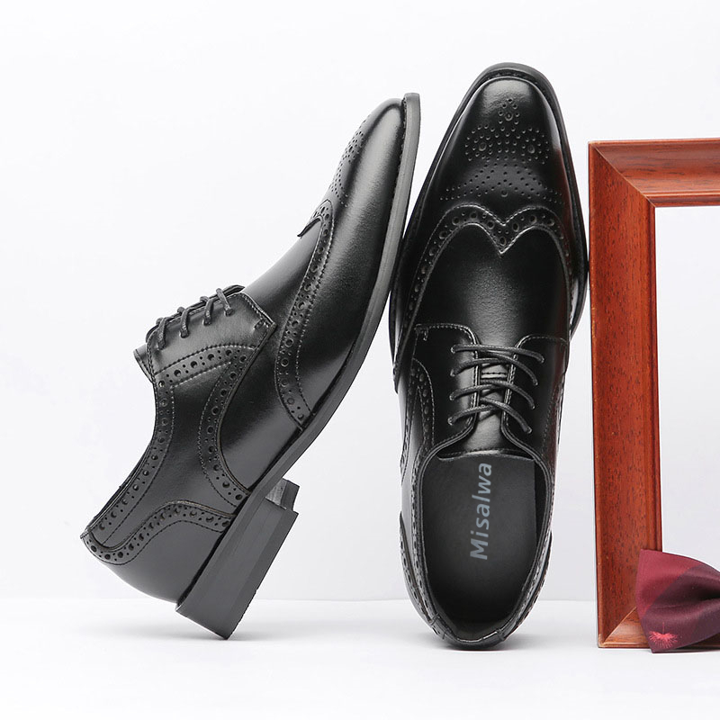 Misalwa Genuine Leather Brogue Men Elevator Shoes Flat / 5 CM Height Increase Lift Men Formal Dress Shoes Business Office 220321