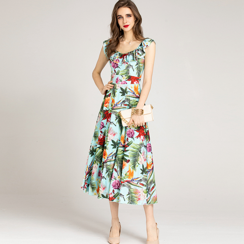 Women's Runway Dresses Scoop Neckline Sleeveless Ruffles Printed Elegant Floral Designer Dress Vestidos, Green
Women's Runway Dresses Scoop Neckline Sleeveless Ruffles Printed Elegant Floral Designer Dress Vestidos, Green