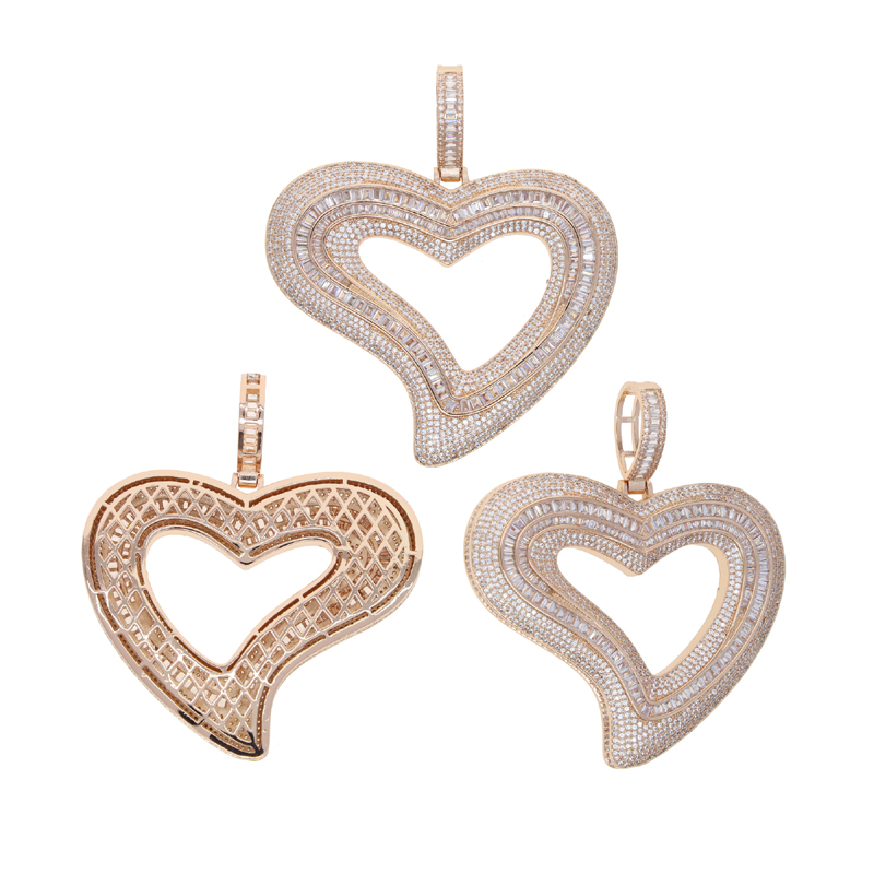 Iced Out Bling 5A CZ Big Hollow Heart Pendant Necklace Micro Pave Baguette Cubic Zirconia Tennis Chain HipHop Women Men Jewelry