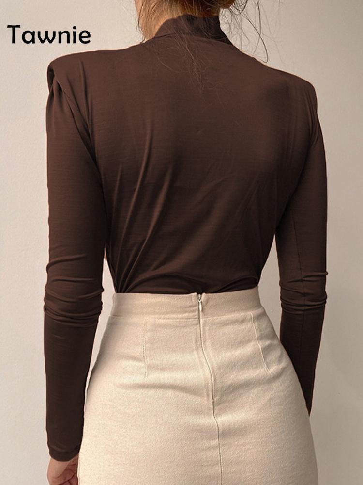 Tawnie Women V Neck Long Sleeve T Shirt with Shoulder Pads Green Sexy Elegant Autumn Winter Ruched Top Tshirts Casual Brown 220321