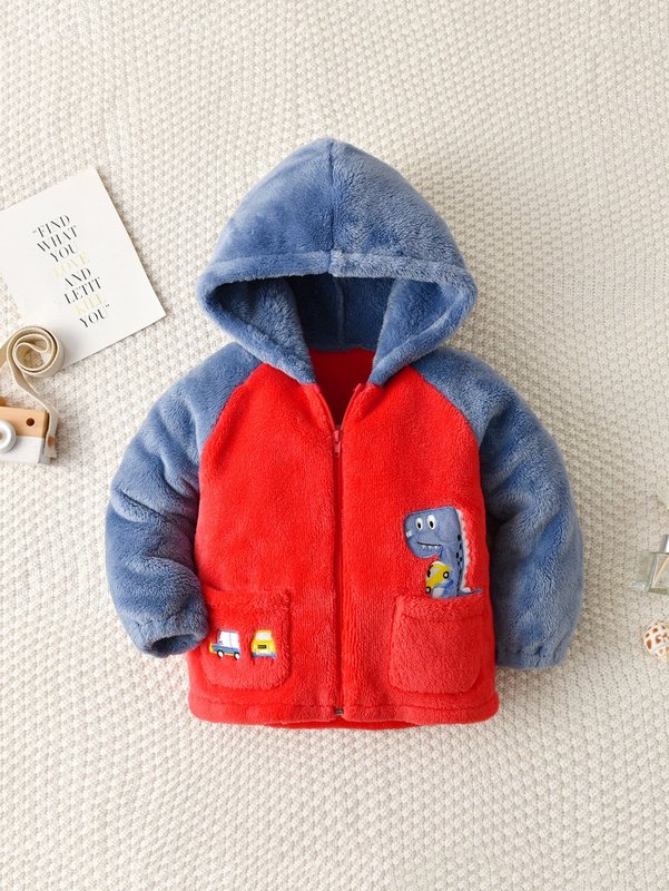 Toddler Boys Dinosaur And Car Embroidery Hooded Flannel Coat SHE