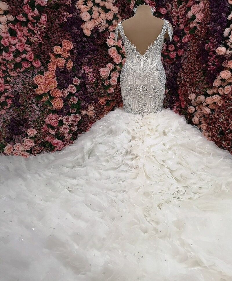 Sparkly Crystal Diamon Wedding Dress Long Train 2022 Ruffles Tiered Skirt Mermaid African Arabic Church Civil Bidal Dress vestidos matrimonio civil