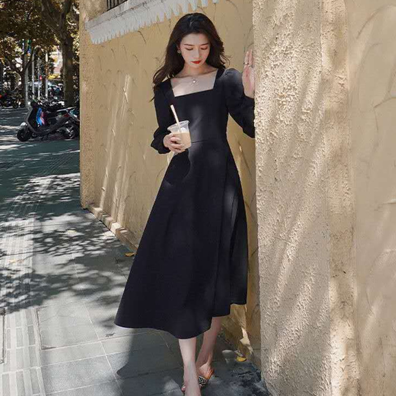 Long Sleeve Dress Women Holiday Elegant Ankle length Female Square Collar Simple Trendy Korean Style Leisure Streetwear Slim Ins 220613