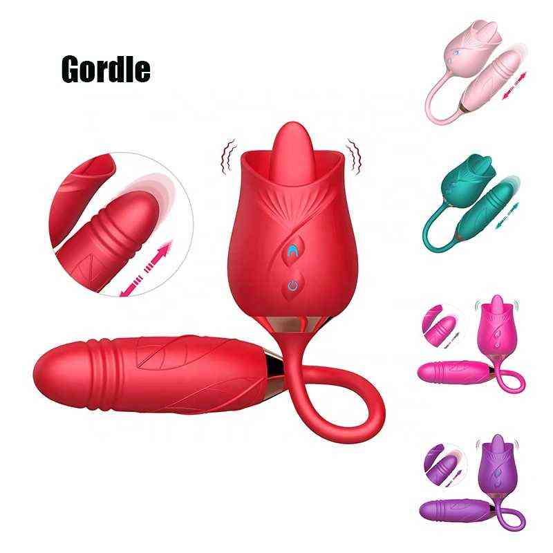 NXY Vibrators Nieuwe Telescopische Rose Speelgoed Seksspeeltjes Up Down Dildo met Vibrerende g Spot Liefde Ei Likken Tong 0411