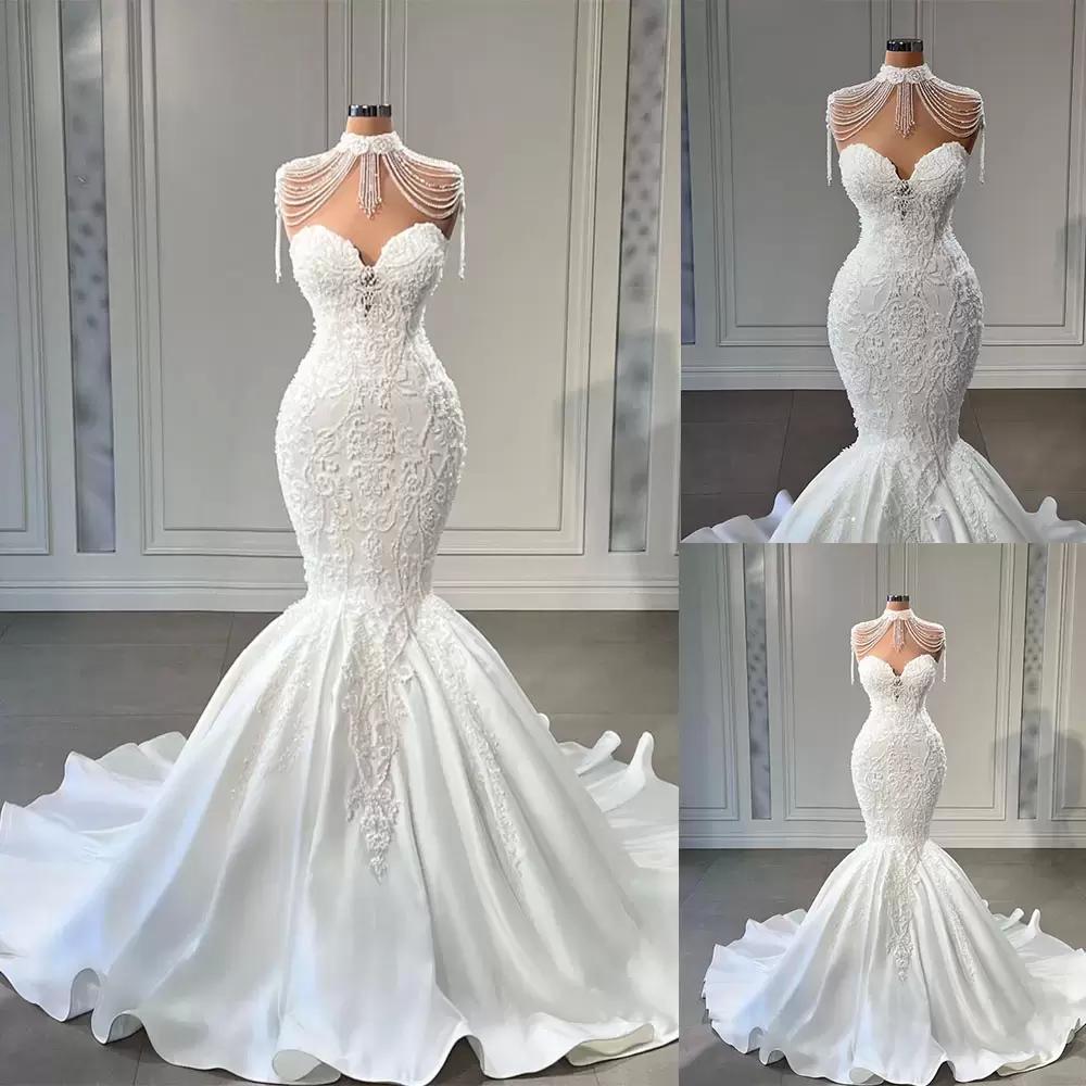 Gorgeous Mermaid Wedding Dresses Bridal Gown Off the Shoulder Sweetheart Neckline Beading Sweep Train Satin Custom Made Plus Size