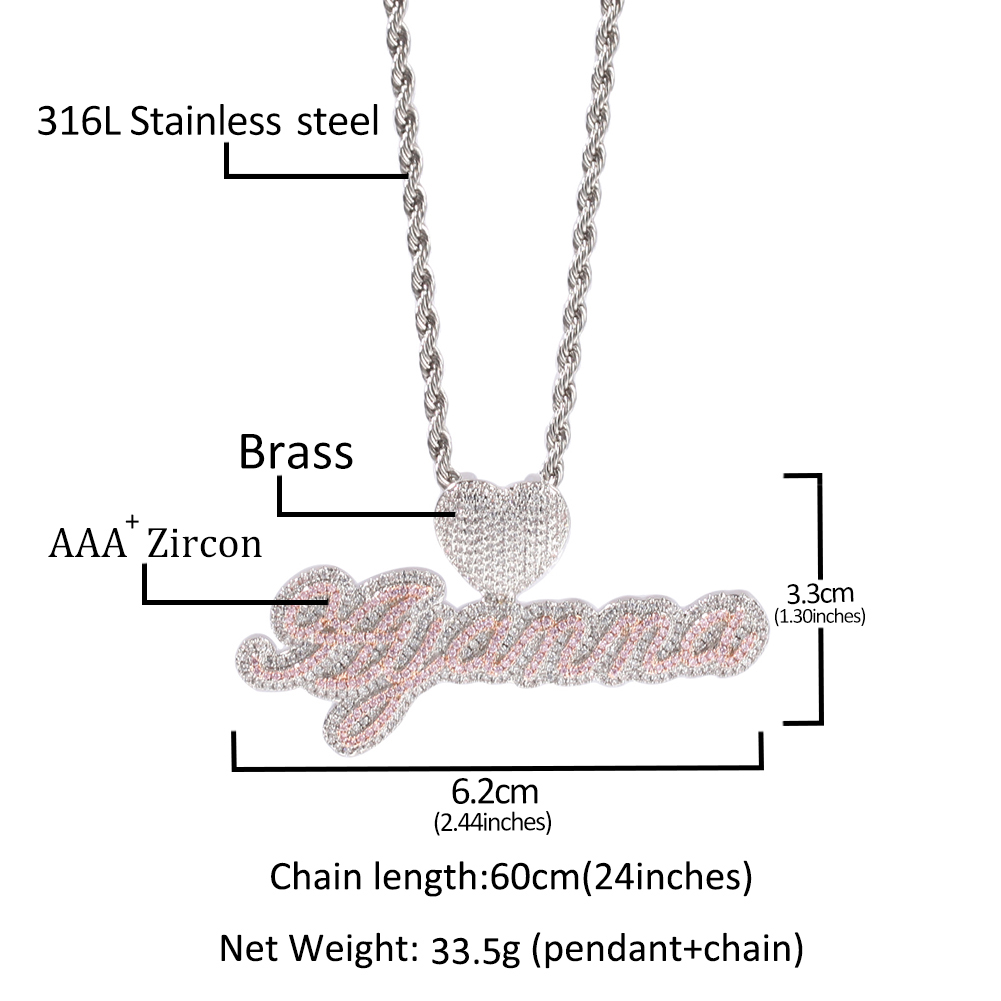 Custom Name Necklace Letters Heart Buckle Iced Out White Pink CZ Pendant Tennis Chain Hiphop Jewelry