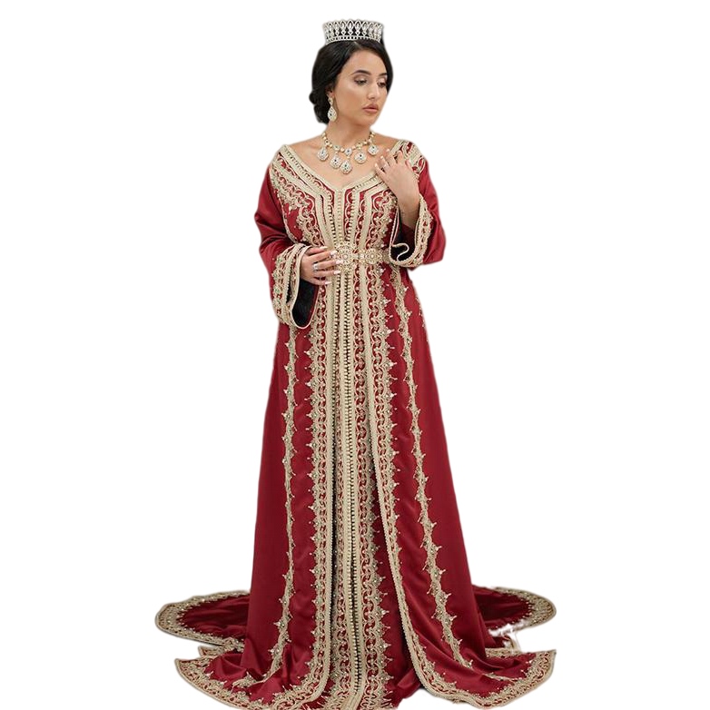 Red Moroccan Caftan Prom Dress With Beading and Embroidery Long Sleeve Islamic Dubai Saudi Arabic muslim Evening Dresses Abaya