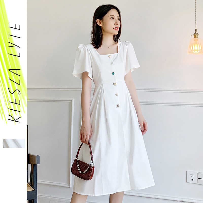 French Square Neck Dress Summer Women Color Button Split A Line White Dresses Fairy Robe 210608
French Square Neck Dress Summer Women Color Button Split A Line White Dresses Fairy Robe 210608