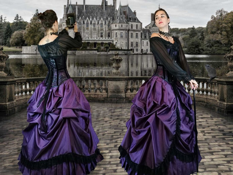 Amethyst Majestica Gothic Victorian Wedding Dress with velvet long sleeve jacket lace-up corset black outdoor punk bridal gowns