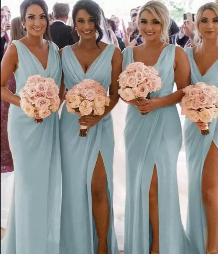 Blue Bridesmaid Baby Dresses A Line Floor Length Sexy V Neck Chiffon Side Slit Custom Made Plus Size Maid of Honor Gown Vestidos Formal Evening Wear e