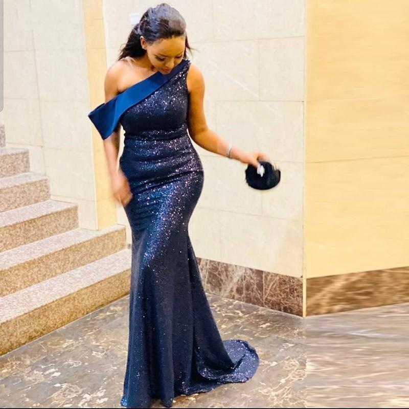 Shimmering Navy Blue Mermaid Prom Dresses: One-Shoulder Sequined Evening Gowns For Formal Ocns 0218