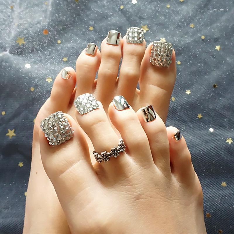 False Nails 24pcs Fake With Glue Square Summer Silver Sparkling Diamond Finished Manicure Patch ToeNail Press On DL Prud22, As show