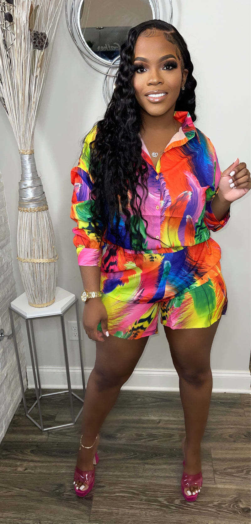 women's colorful tracksuits casual printed shirt long sleeve shorts two piece set womens sets Women's Tracksuits