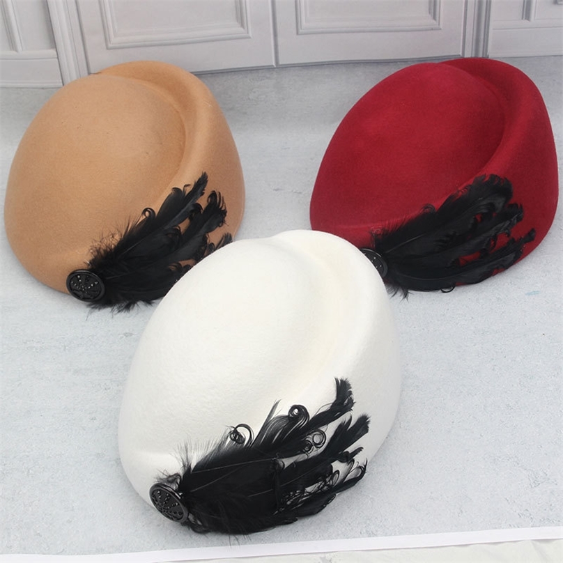 Women Wool Felt Cap Ladies Pillbox Hats With Black Feather Insignia Solid Beret Stewardess Air Hostesses Hat Base Fes 220615