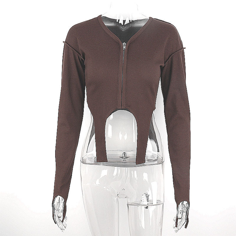 NEONBABIPINK Asymmetrical Zip Up V Neck Long Sleeve Crop Top Knitted Black Brown Cardigan Fall Clothes Sexy T Shirts N33 BI17 220714