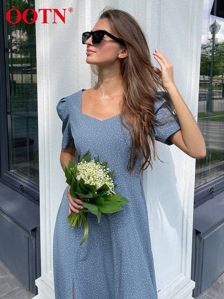 OOTN Holiday Polka Dot Summer Dress V-Neck Puff Sleeve Slit High Waist Elegant Women Dress Beach Outing Soft A-Line Maxi Dress 220511