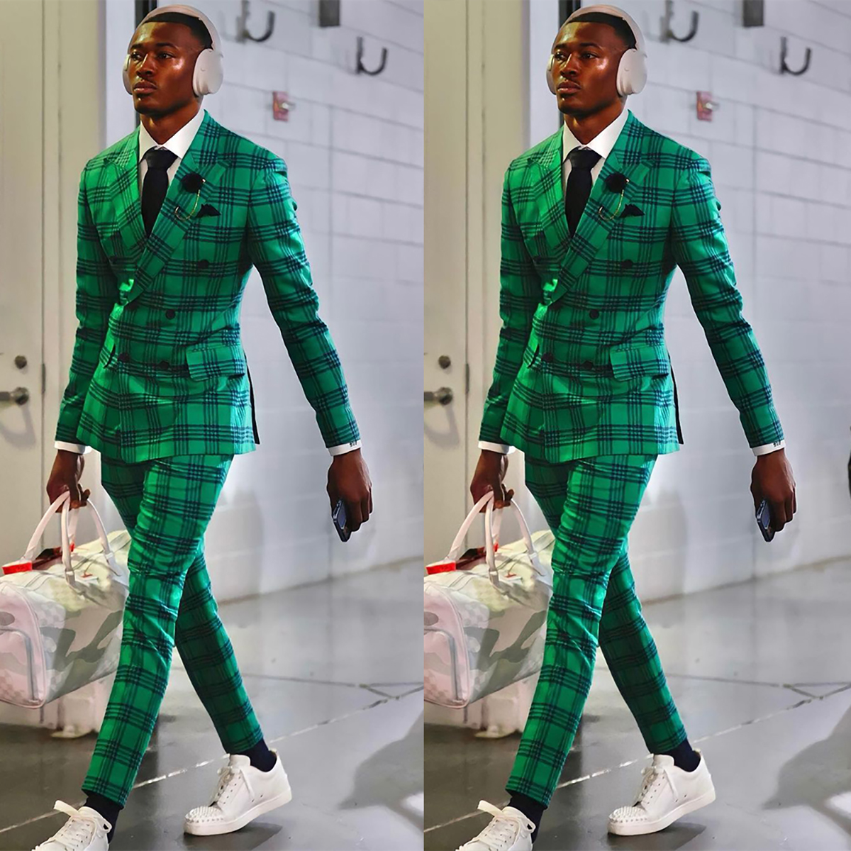 Green Plaid Men Wedding Tuxedos 2 Pieces Double Breasted Slim Fit Peaked Lapel Outfits