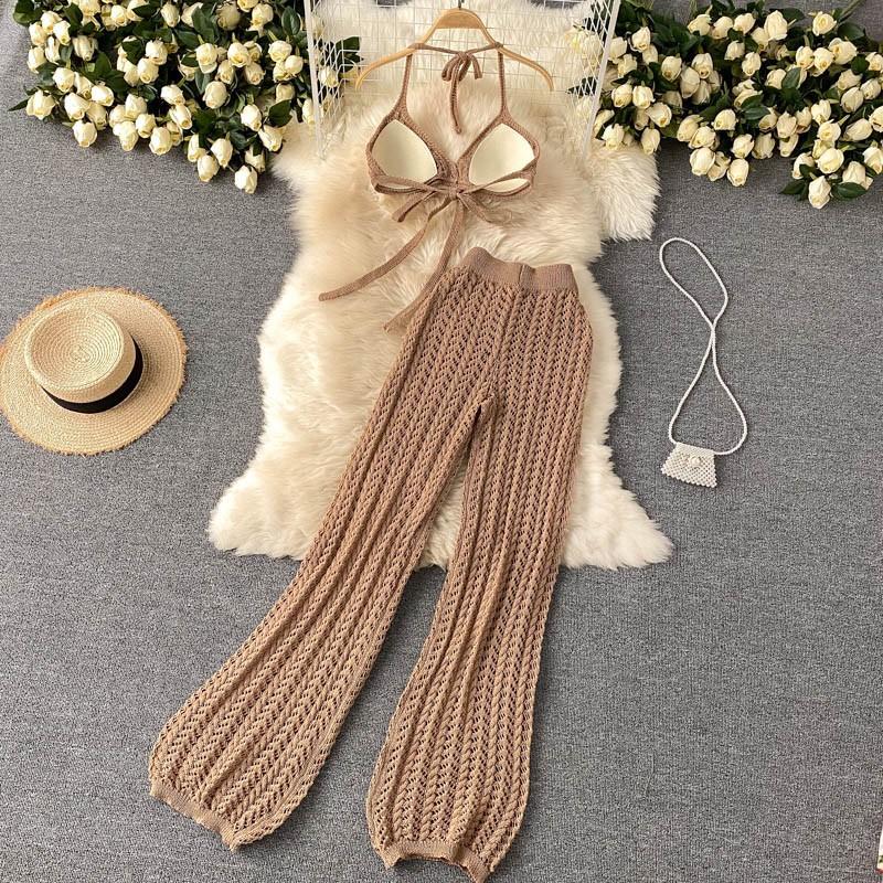 Women's Two Piece Pants Women Summer Design Knitted Set Sexy Backless Halter Short Tops Chic Hollow Wide Leg Long SuitWomen's, White
Women's Two Piece Pants Women Summer Design Knitted Set Sexy Backless Halter Short Tops Chic Hollow Wide Leg Long SuitWomen's, White