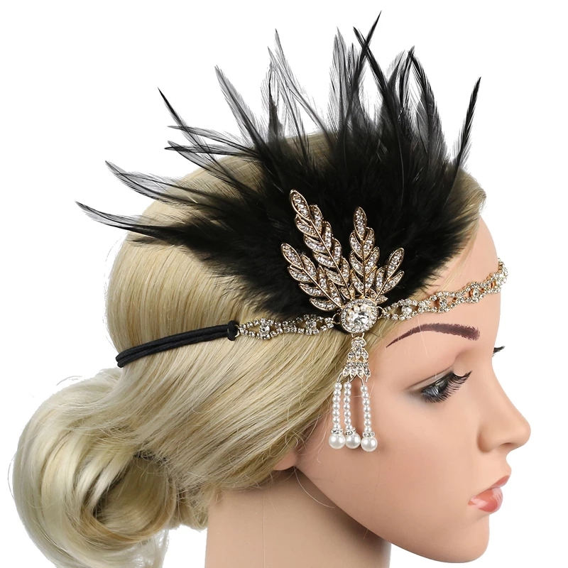 1920s Flapper Headband bridal Feather Headpiece Roaring 20s Great Gatsby Inspired Leaf Medallion Pearl Headband Women wedding Hair Accessories