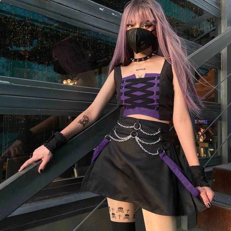 Two Piece Sets Women Summer Gothic Club Sexy Skirts Set Sleeveless Bandage Crop Tops Chain Aline Skirt 2Pcs Sets Female 220602