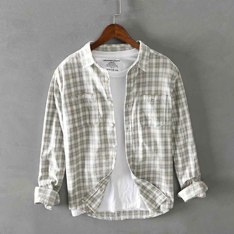 Spring Autumn Men Shirts Casual Plaid Long Sleeve Cotton Shirt Thick Retro Multi-pocket Blue Workwear GA-G208 220322