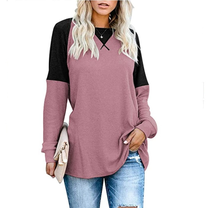 Winter Autumn Patchwork O Neck Solid Color Tops Women's Fashion Casual Loose Plus Size Tees Tunic T Shirt Long Sleeved Pullovers 220318