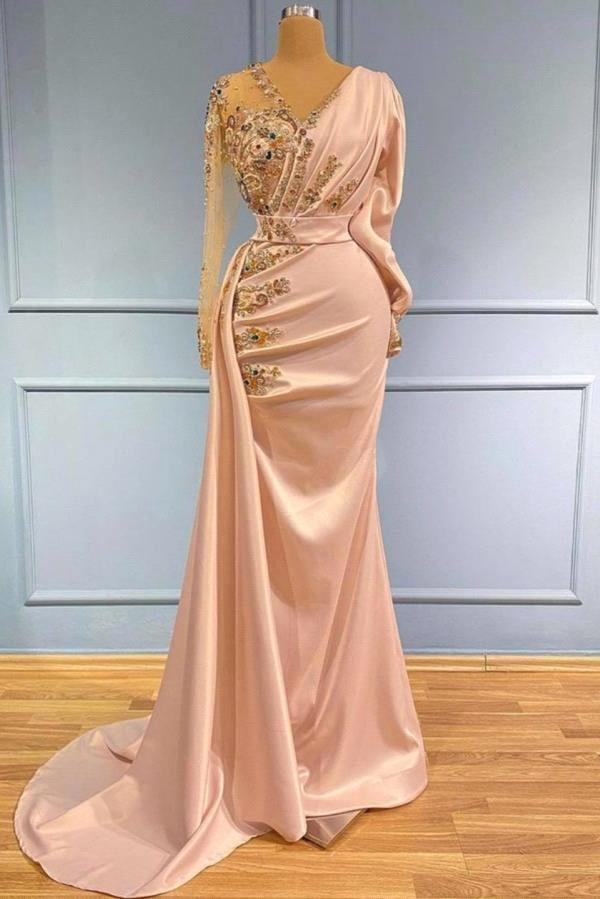 Arabic V Neck Satin Long Sleeves Mermaid Evening Dresses Sheer Tulle Beaded Rhinestones Ruched Sweep Train Prom Gowns Bc10607