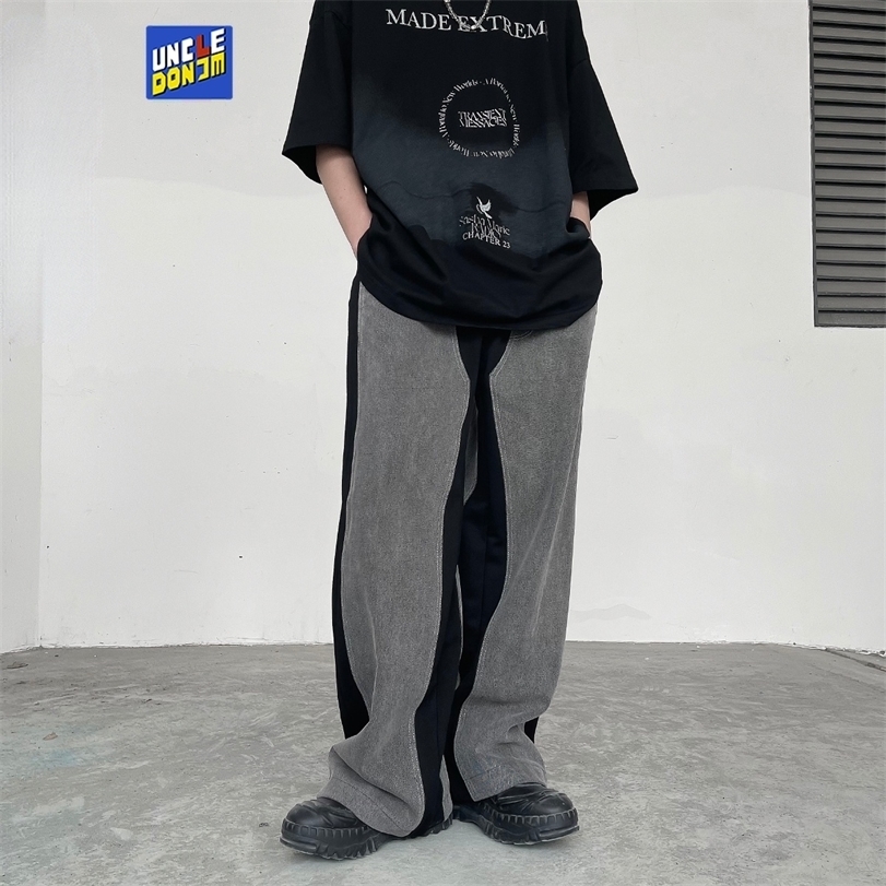 UNCLEDONJM Denim stitching baggy pants streetwear harajuku fashion sweat men loose Hip Hop punk trousers 220330