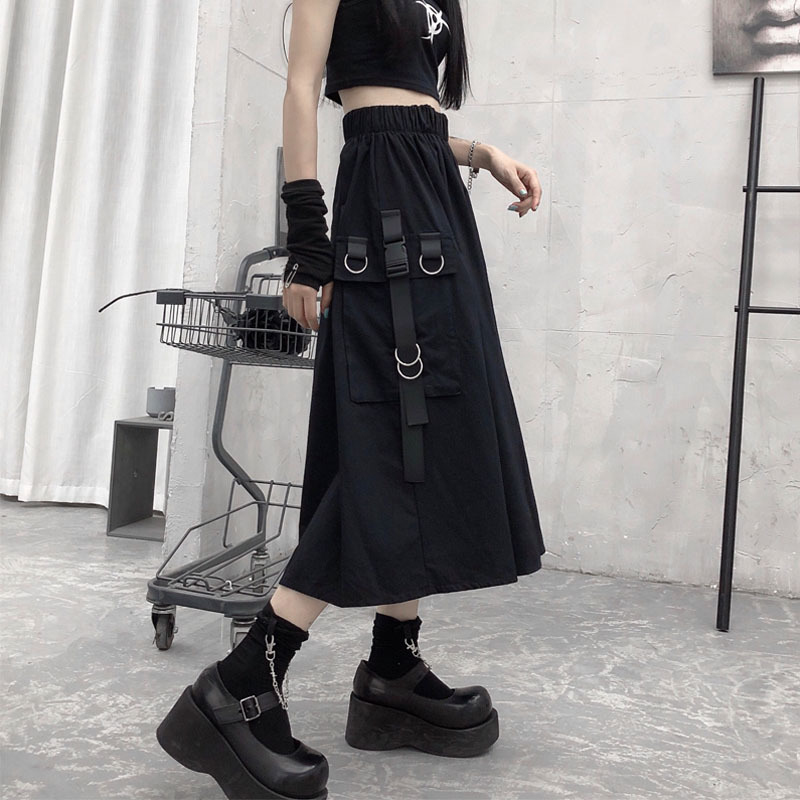 Gothic High Waist Cargo Skirts Woman Harajuku Loose A-line Pocket Midi Long Black Skirt Hip Hop Fashion Streetwear OverSize 220317