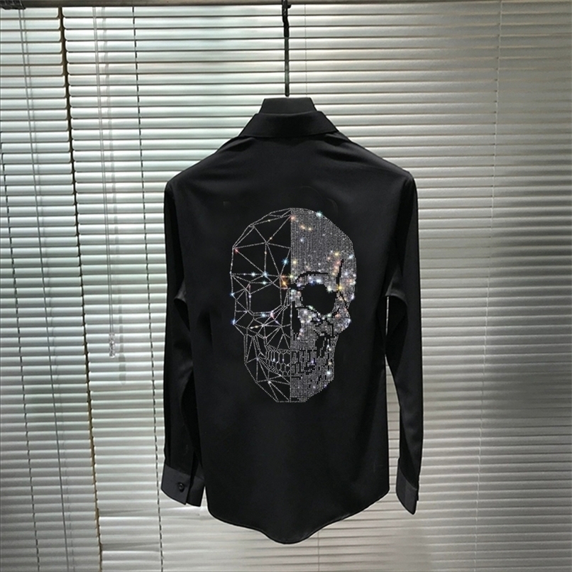 Loose Hip-Hop Style Men's Shirt Skull With Diamonds Shiny Personality Casual Bottoming Long Sleeves 220322