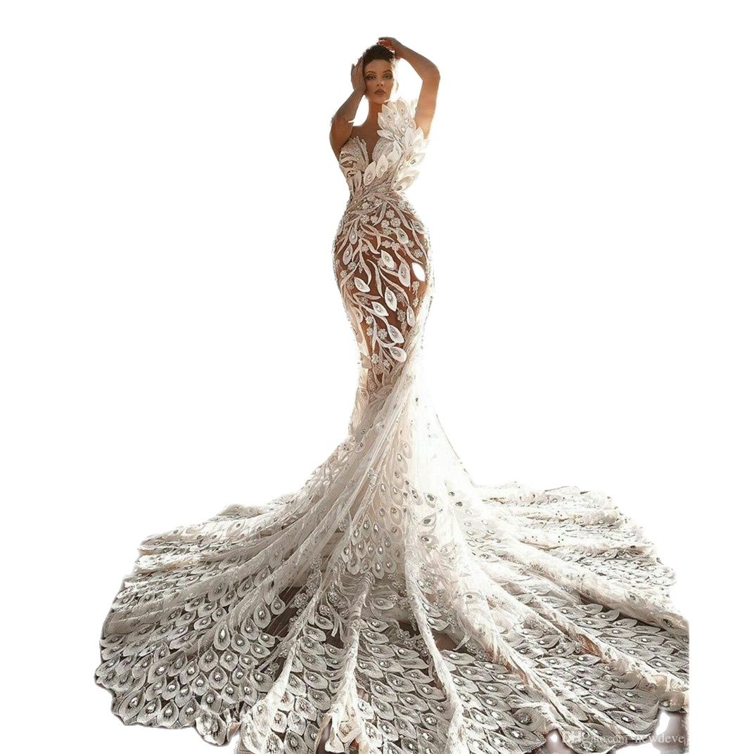 Mermaid Wedding Dress Scales Sleeveless V Neck Appliques Sequins Lace Hollow Pea Style Illusion Custom Made Ruffles Bridal or Length