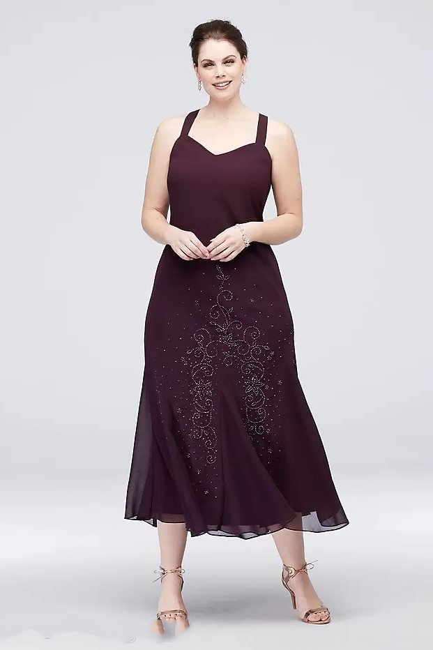 Elegant Tea Length Chiffon Mother Of The Bride Dresses Suits With Jacket Luxury Beaded Dusty Grape Wedding Guest Dress 2 Piece Groom Mothers Party Pro
