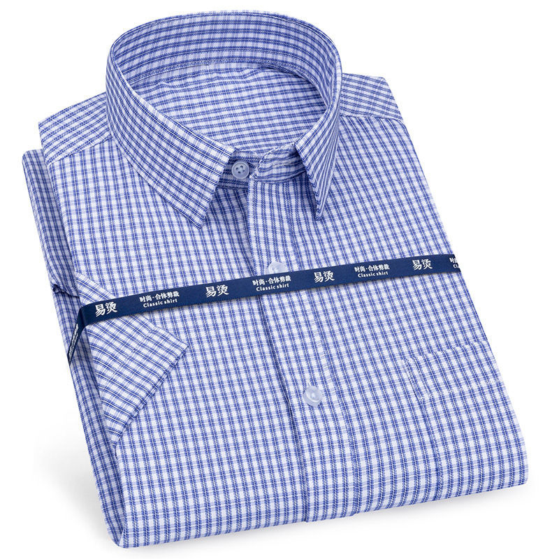 Mens Business Casual Short Sleeve Shirt Classic Plaid Striped Checked Male Social Dress Shirts Purple Blue 5XL Plus Large Size 220322