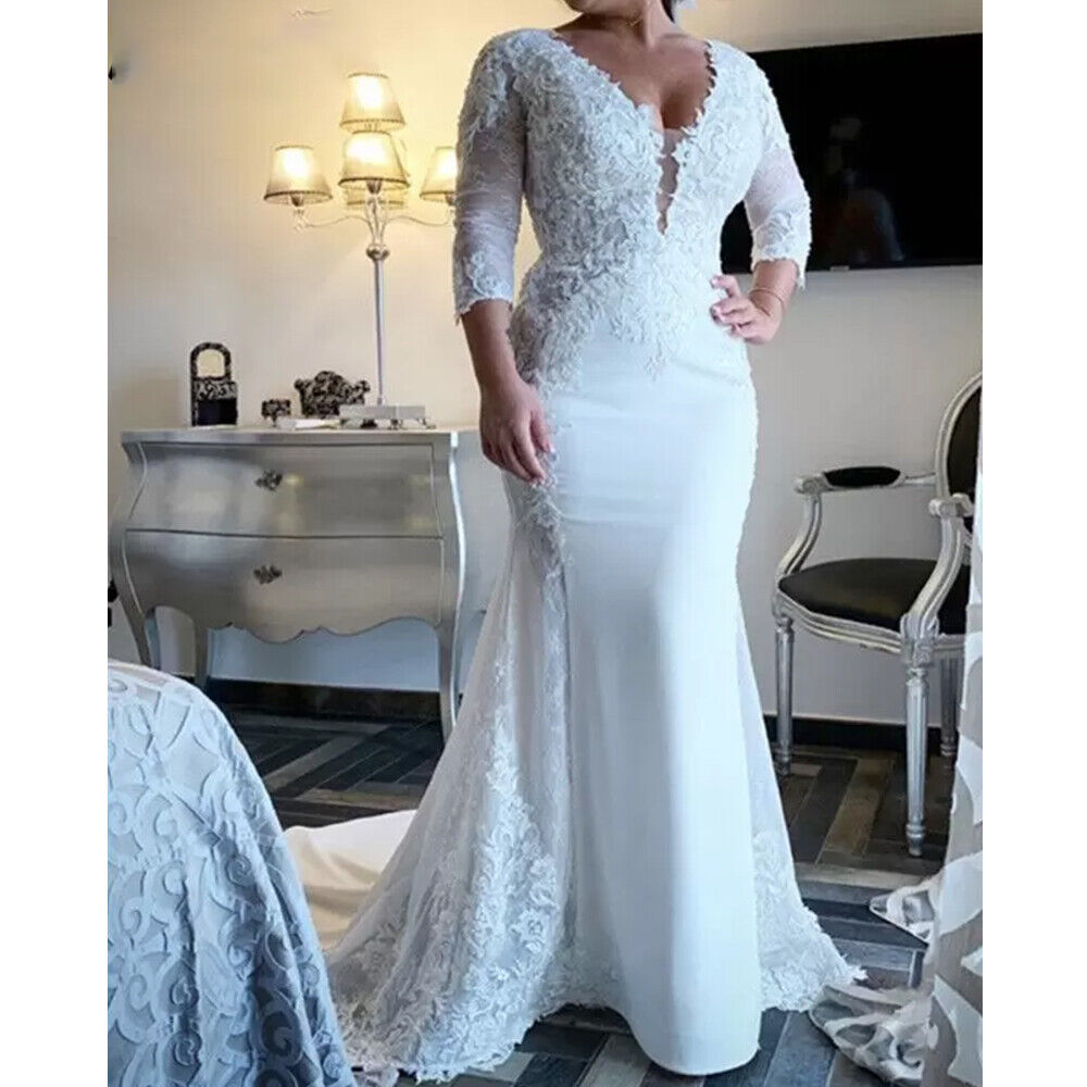 New Arrival Mermaid Wedding Dress With Detachable Train 2022 African V Neck Lace Country Wedding Gowns Plus Size Long Sleeve Garden Bohemian Bridal Ro