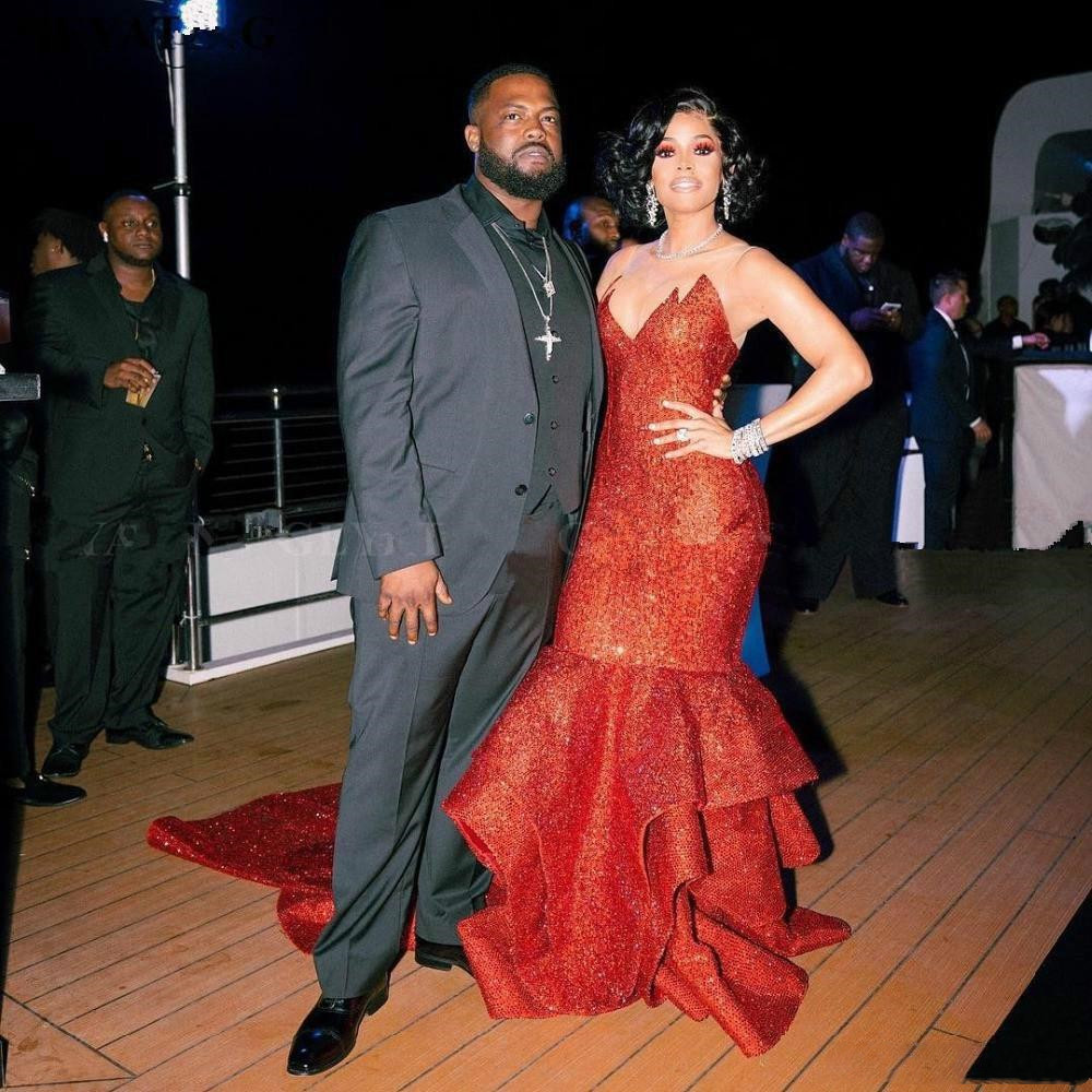 Sparkly Glitter Mermaid Evening engagement Dresses 2022 Sheer Neck Ruffles Long train sequins beaded red carpet prom met gala gowns
