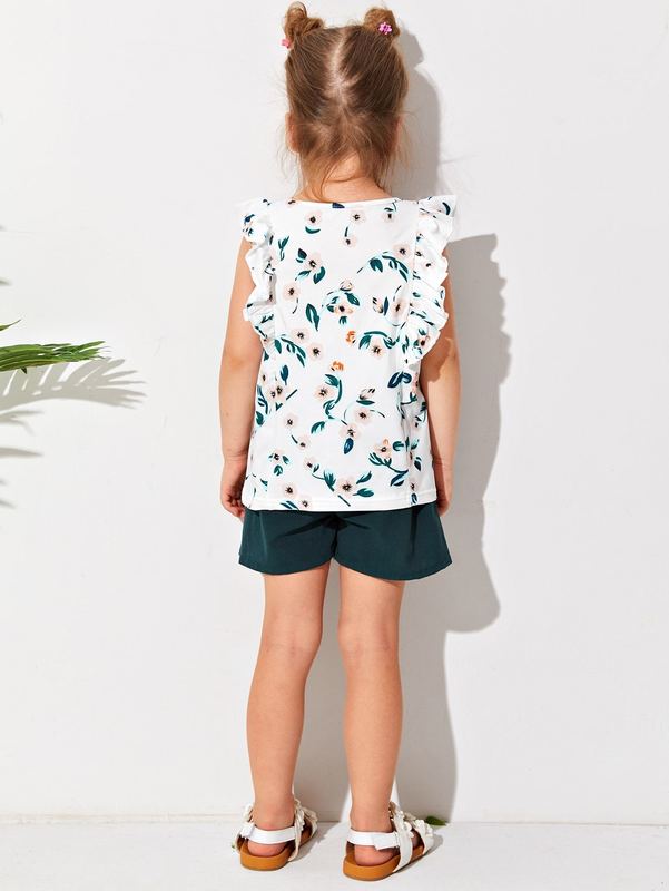 Toddler Girls Floral Print Ruffle Trim Tee & Belted Shorts SHE