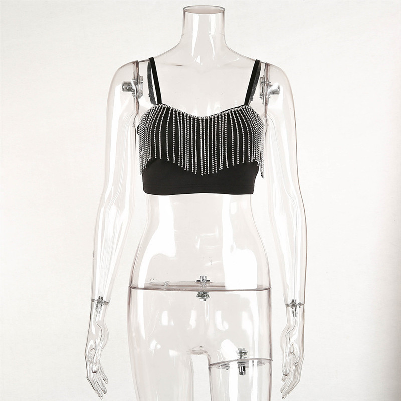 CNYISHE Fashion Sexy Clubwear Diamond Tassel Crop Tops Sleeveless T Shirts Slim Lady Bralette Strap Skinny Female Tee 220321